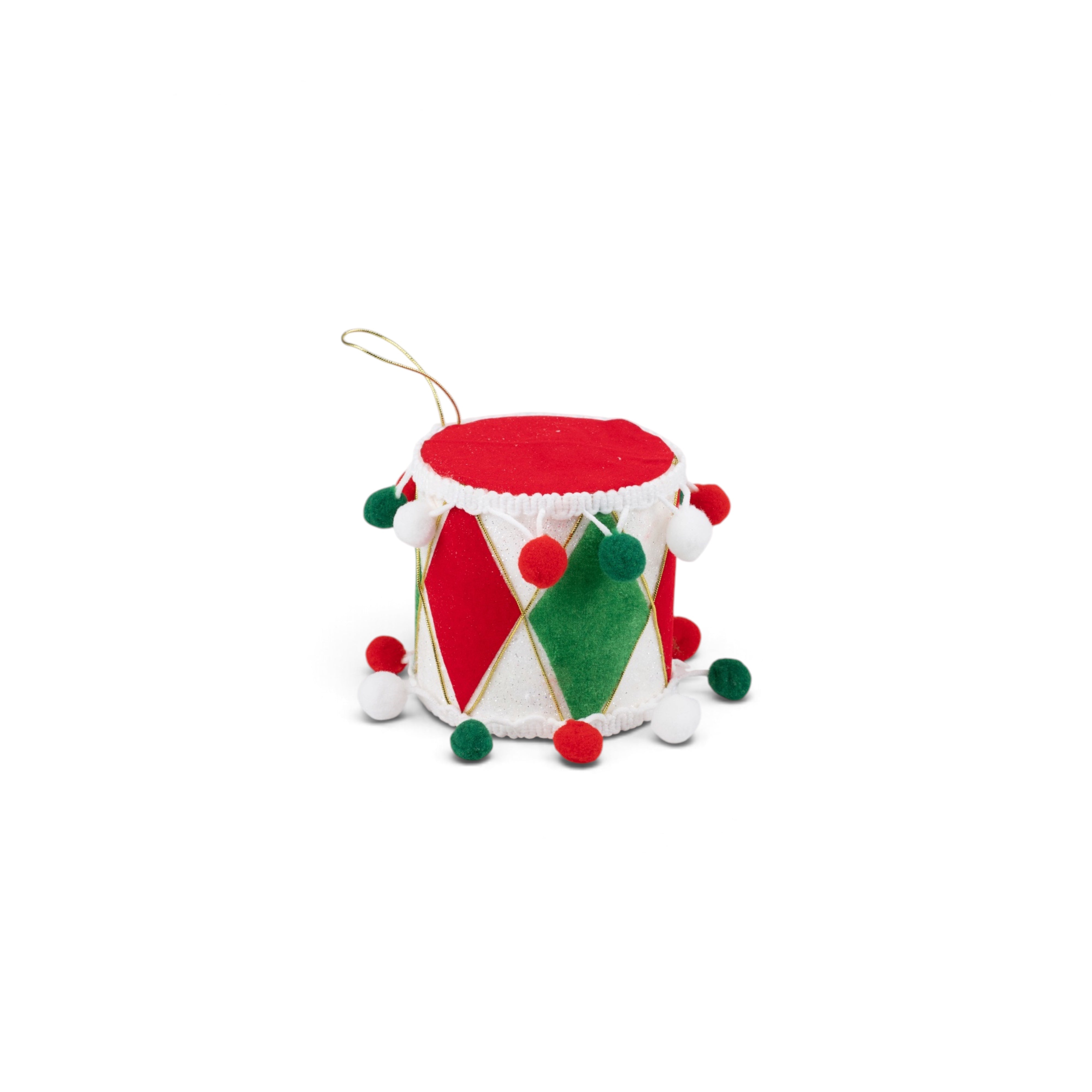 Velvet Drum Ornament with Pompoms - Red & White