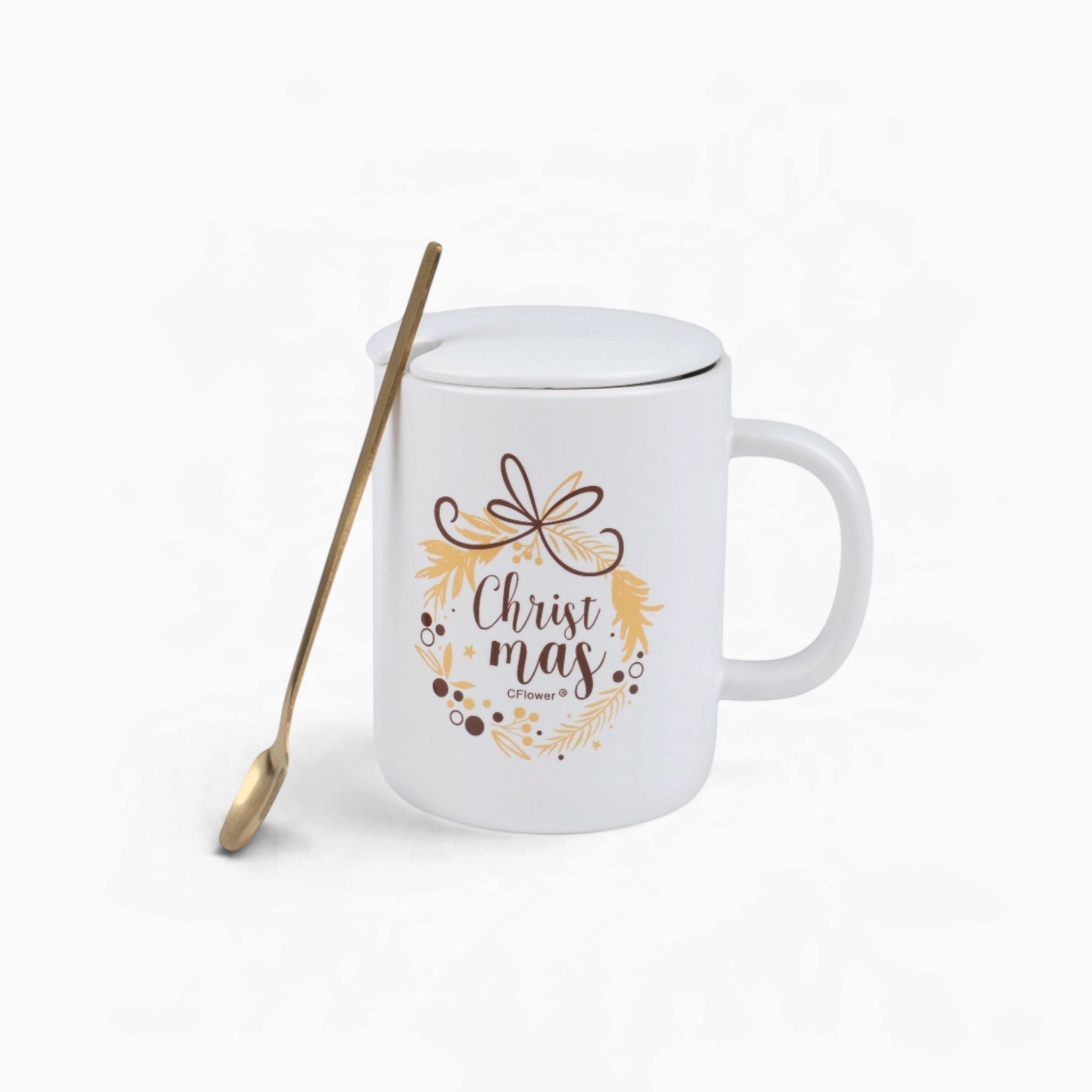 Merry Christmas Mug with Lid &amp; Gold Spoon