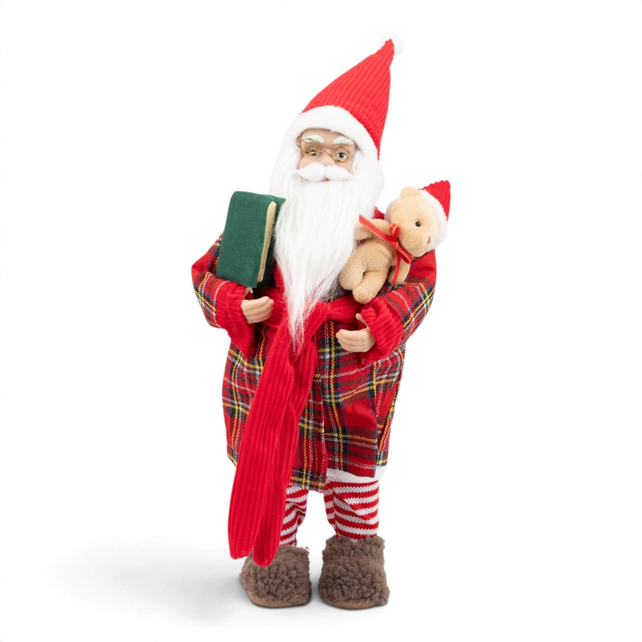 Santa in Tartan Robe with Book & Teddy Bear - Urban Home