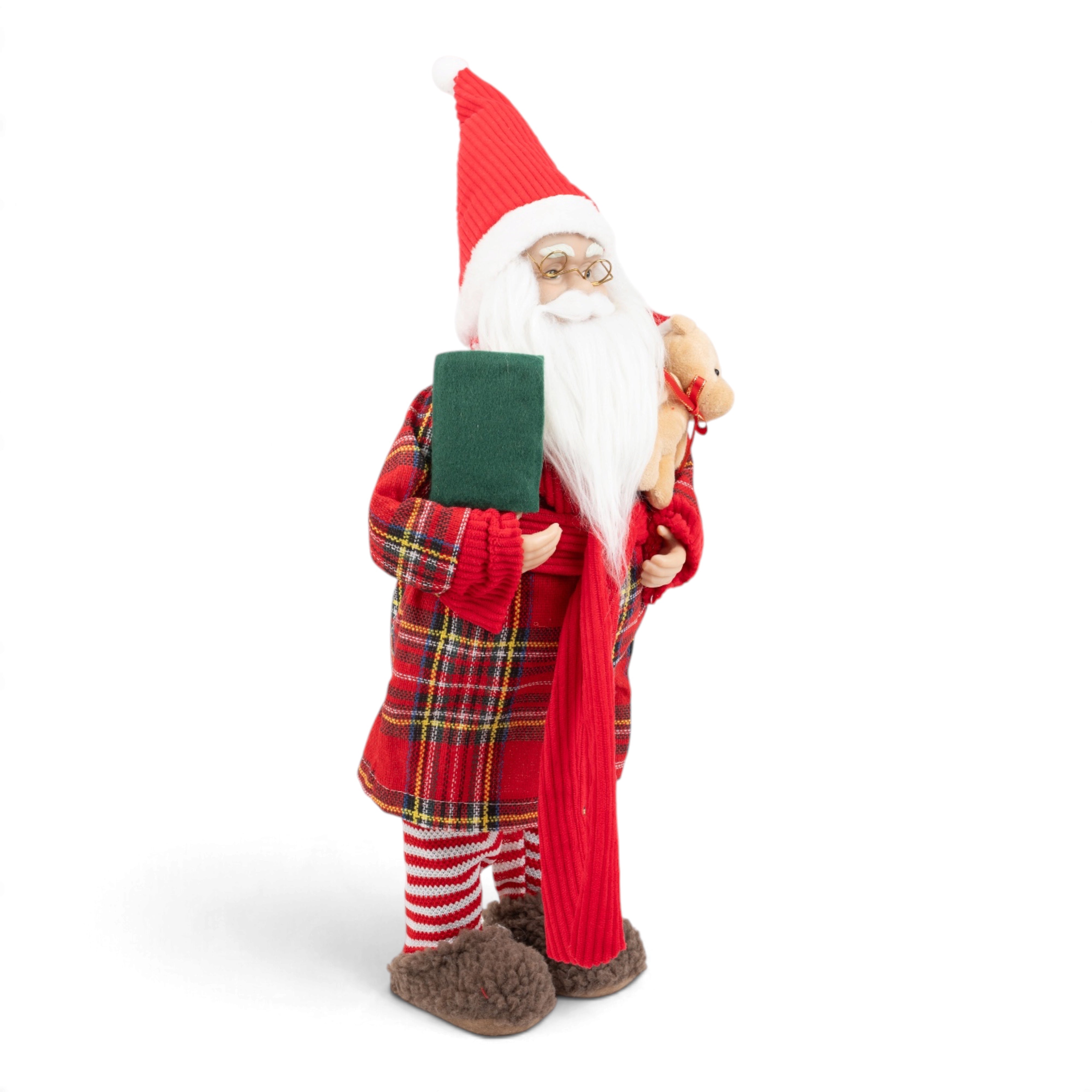 Santa in Tartan Robe with Book & Teddy Bear