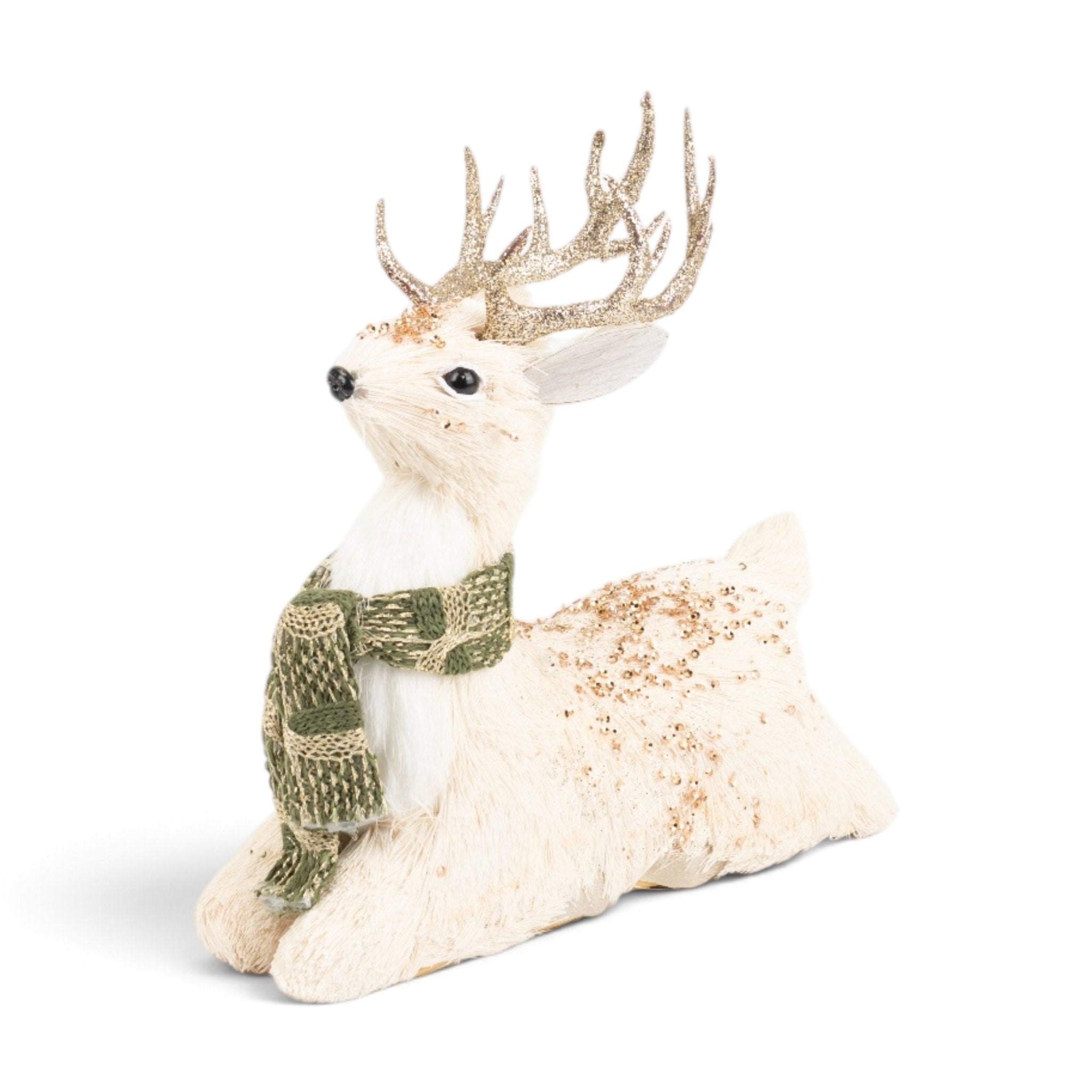 White Furry Lying Deer with Green Scarf - Urban Home