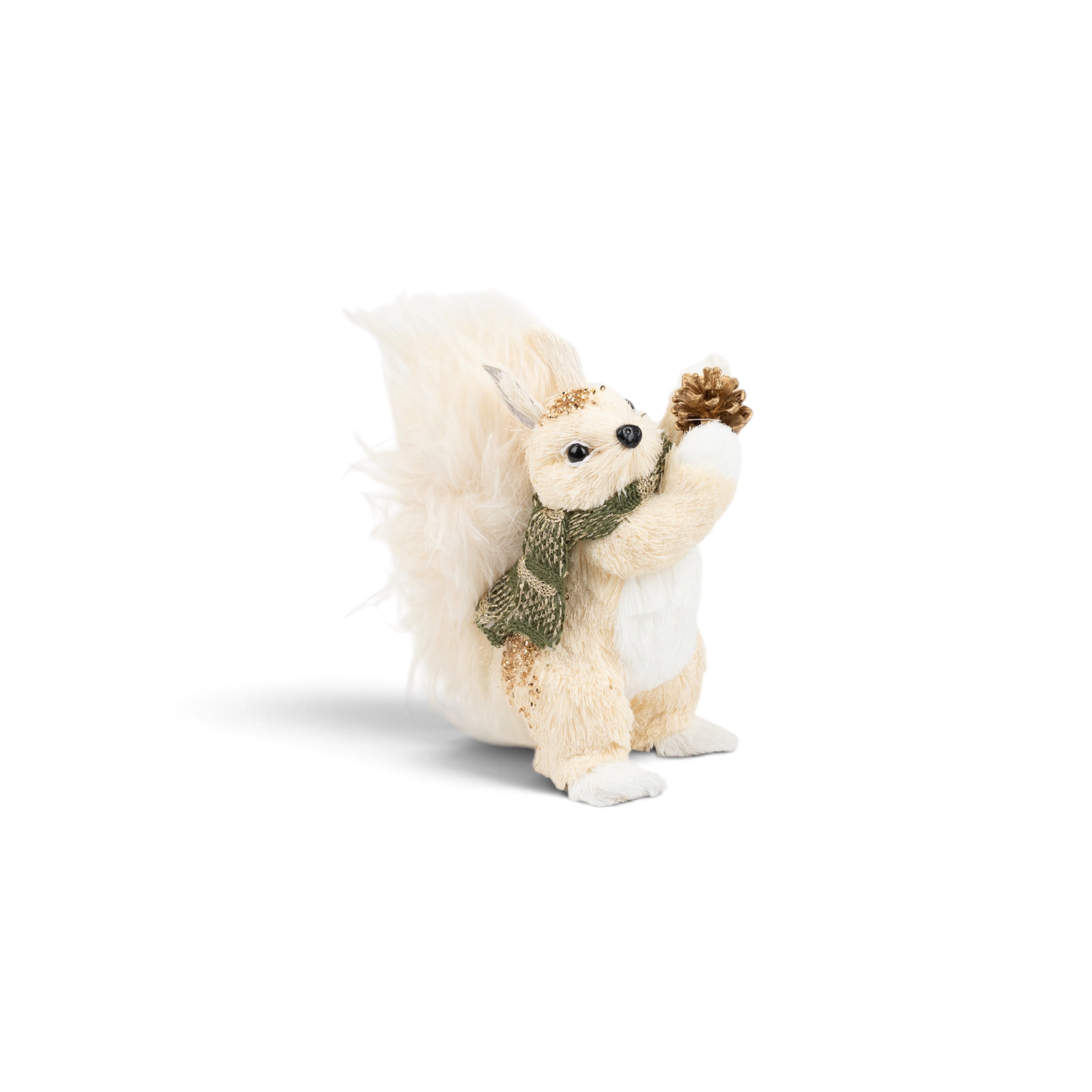 White Furry Squirrel with Pinecone & Green Scarf