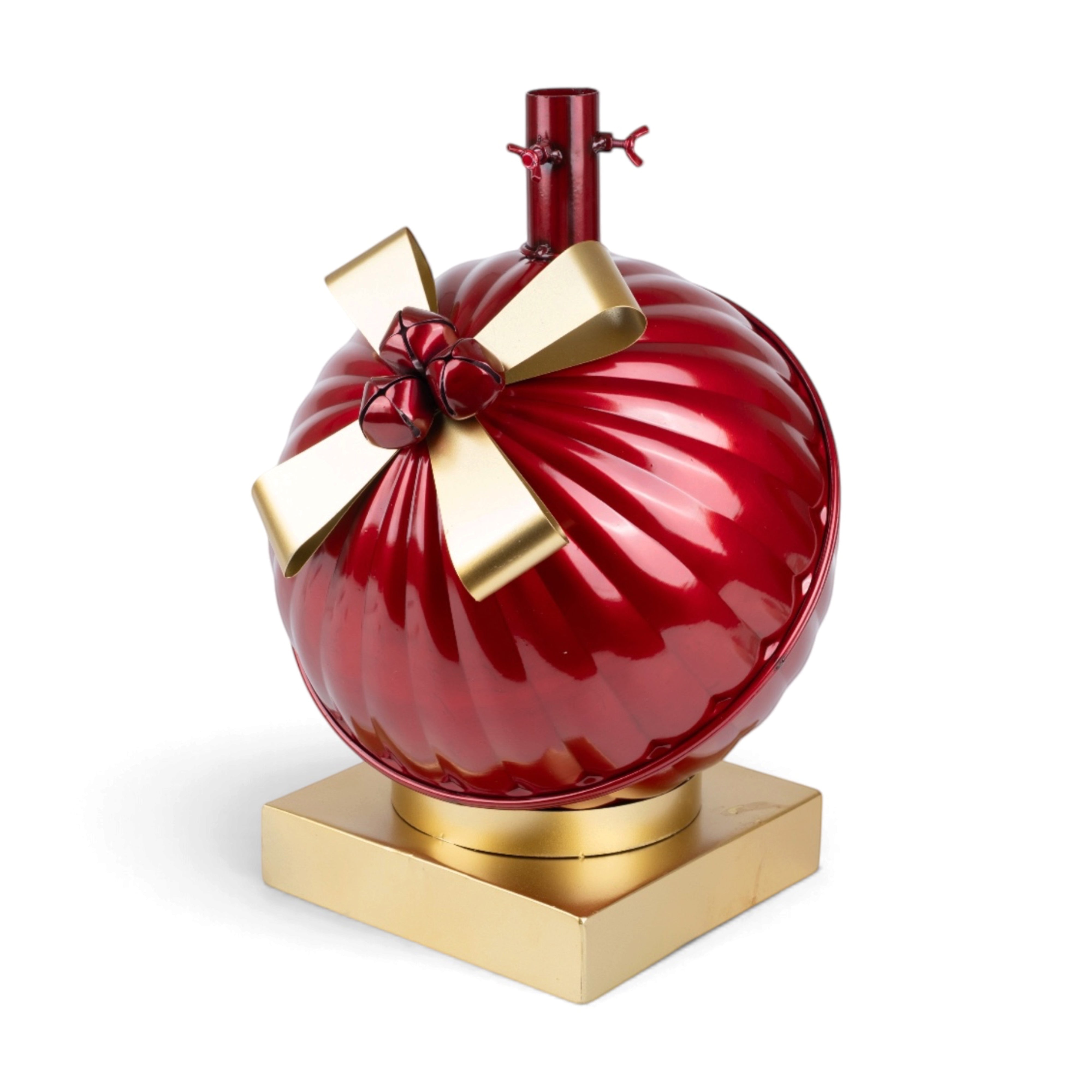 Red Swirl Ball on Gold Base with Bow - Tree Stand