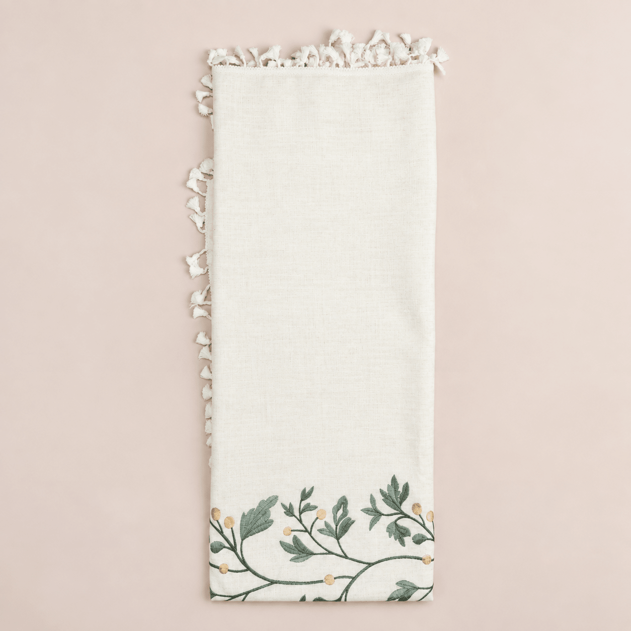Sage Green Botanical Embroidered Tablecloth with Tassels - Urban Home