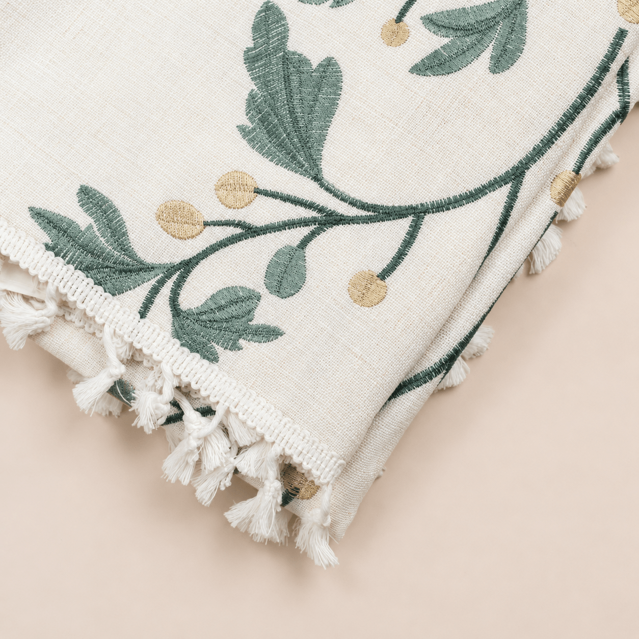 Sage Green Botanical Embroidered Tablecloth with Tassels - Urban Home