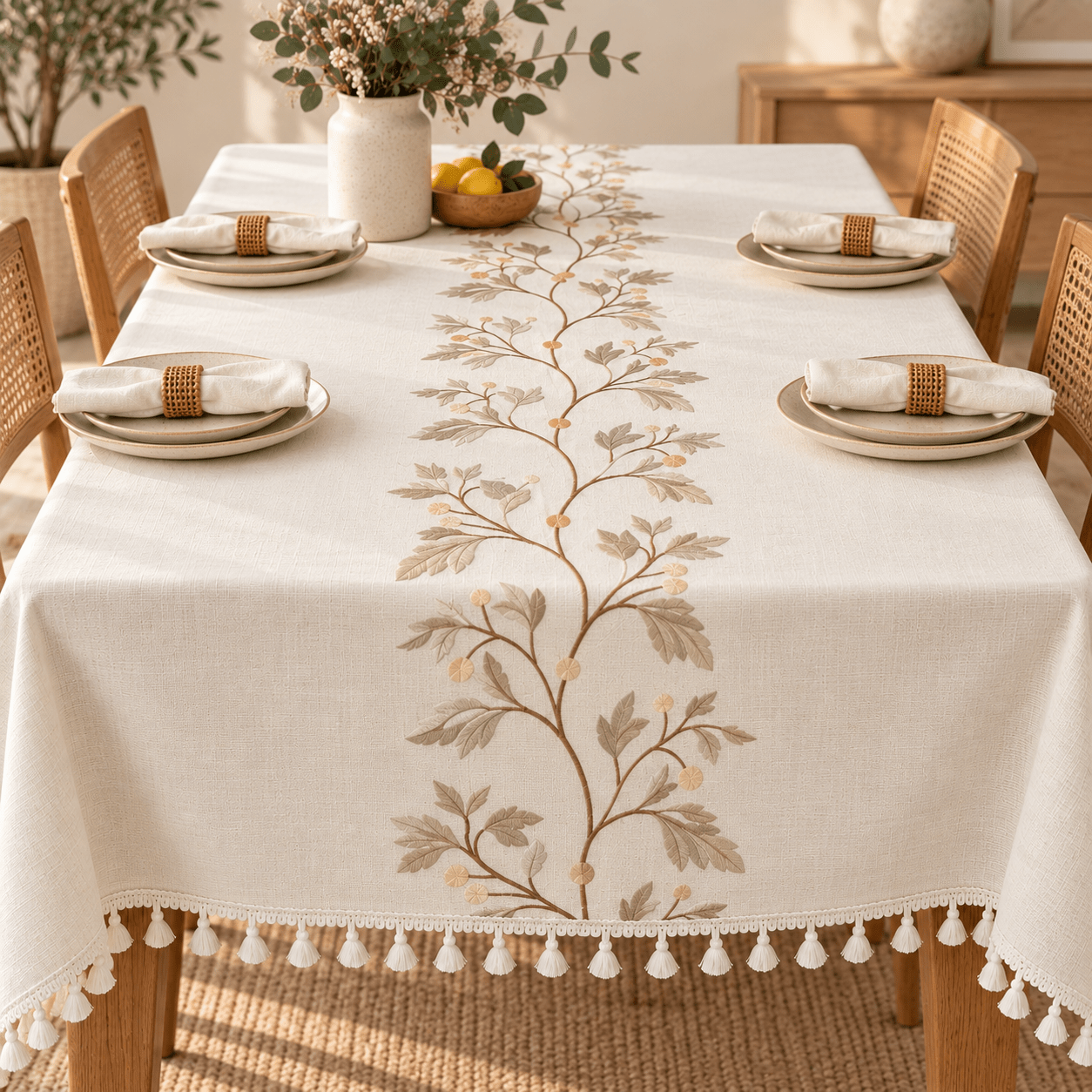 Cream Botanical Embroidered Tablecloth with Tassels - Urban Home