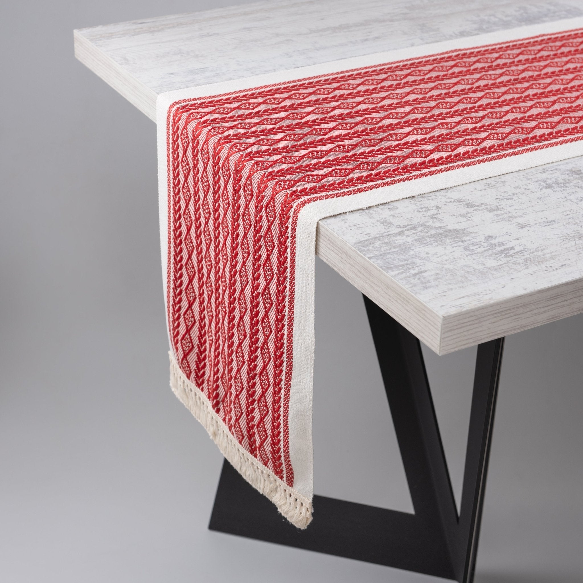 Diamond Weave Fringed Table Runner - Red & Cream - Urban Home