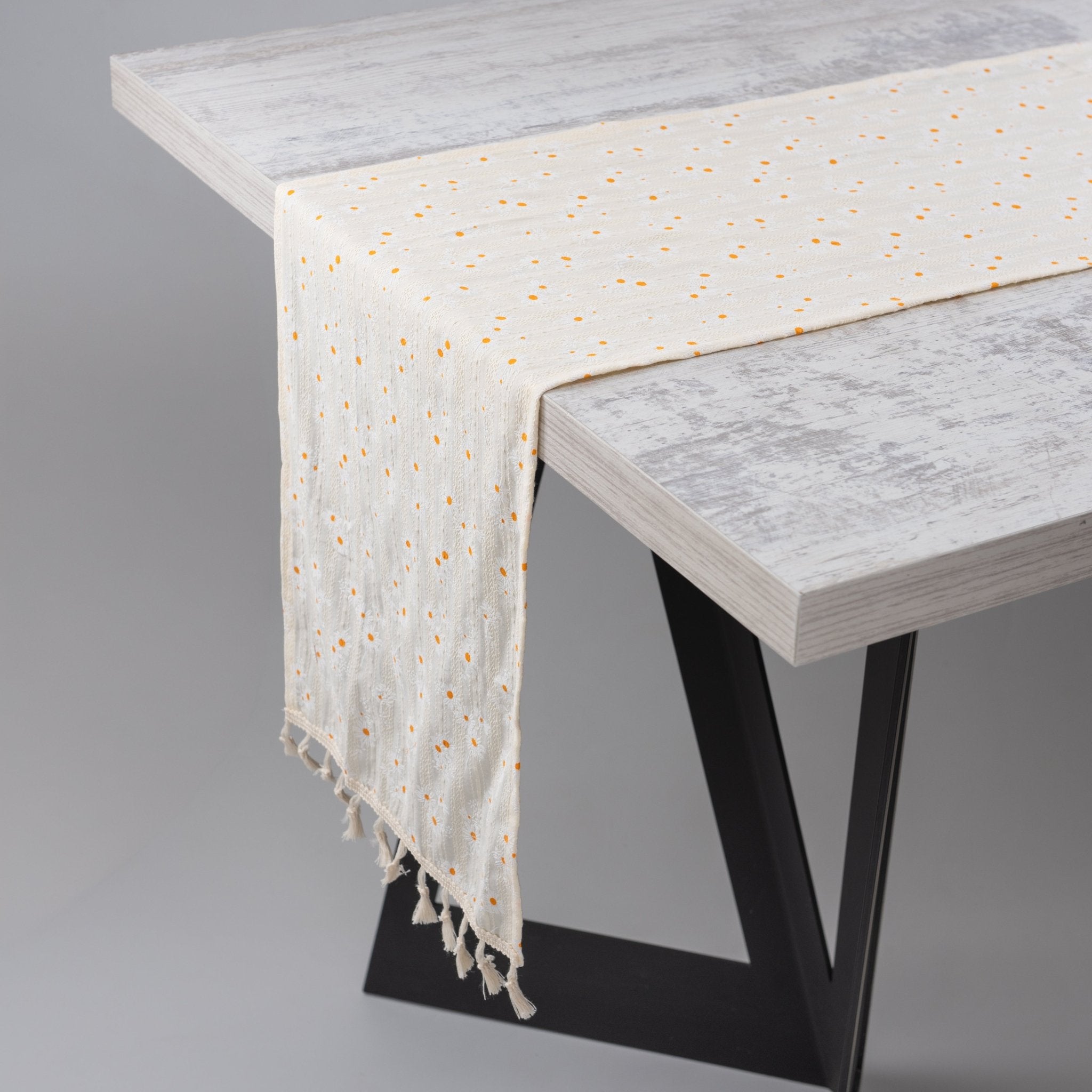 Cream Tasseled Table Runner with Orange Floral Dot Print - Urban Home