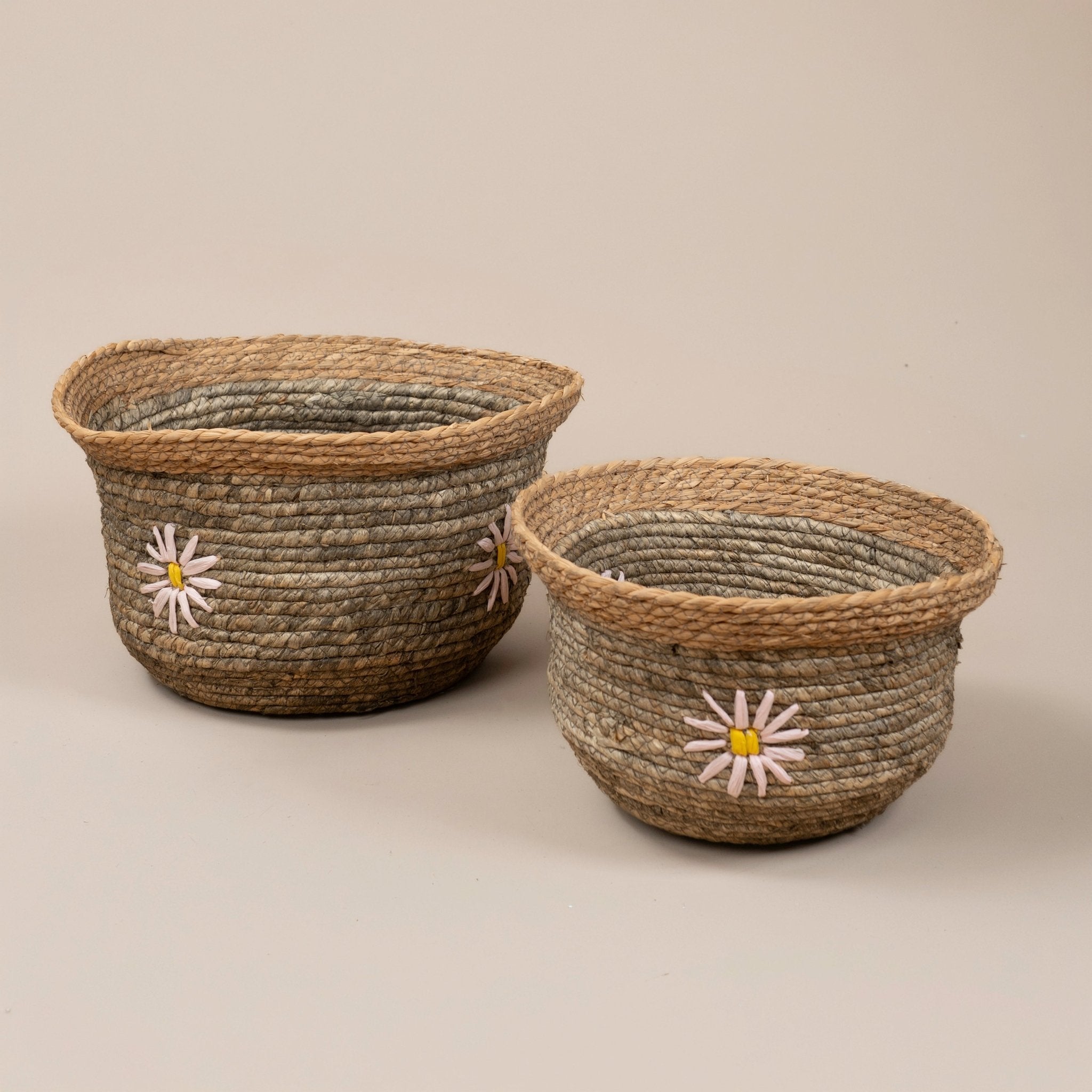 Embroidered Daisy Woven Straw Baskets - Urban Home