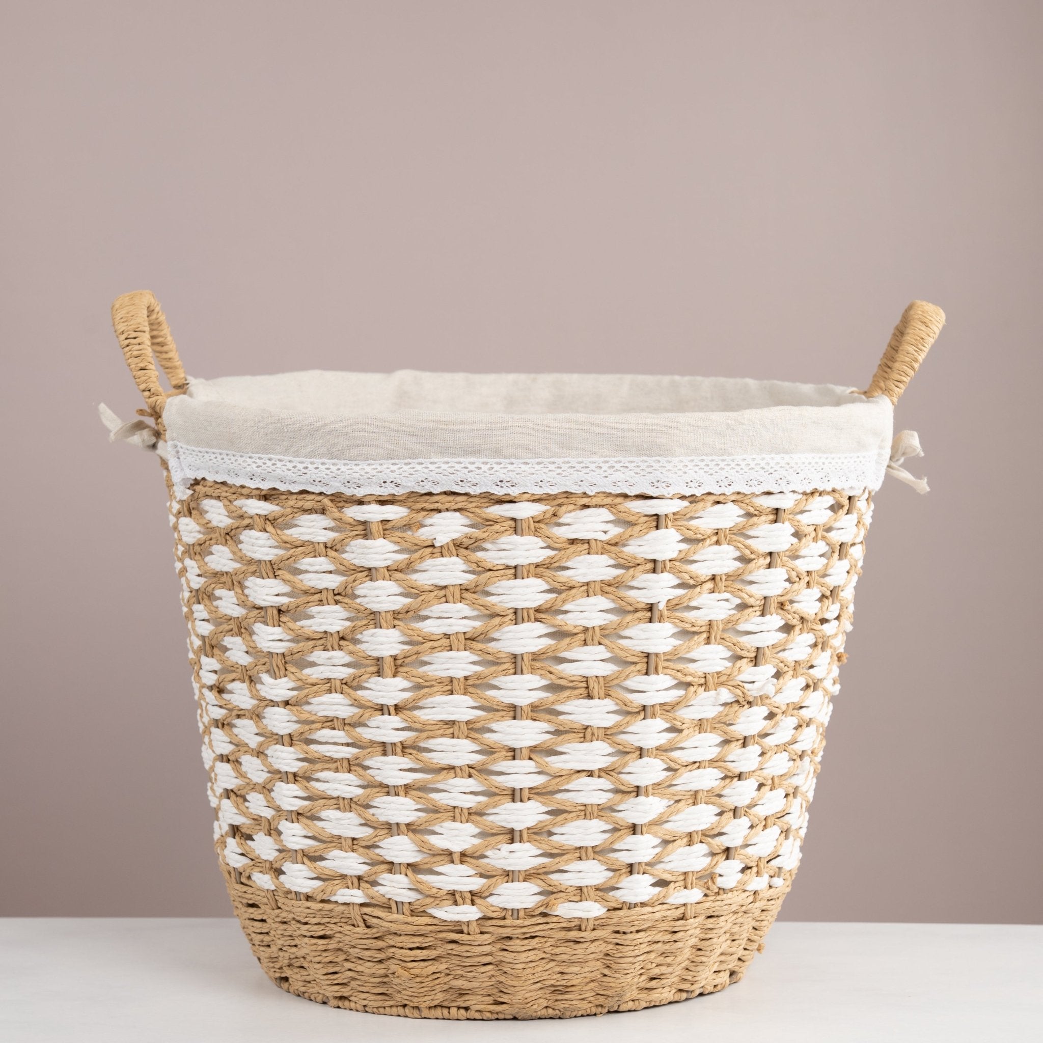 Round Woven Rope Laundry Basket – 44cm Chevron Straw Storage Hamper - Urban Home