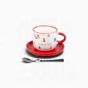Christmas Cup & Saucer with Spoon - Red & White