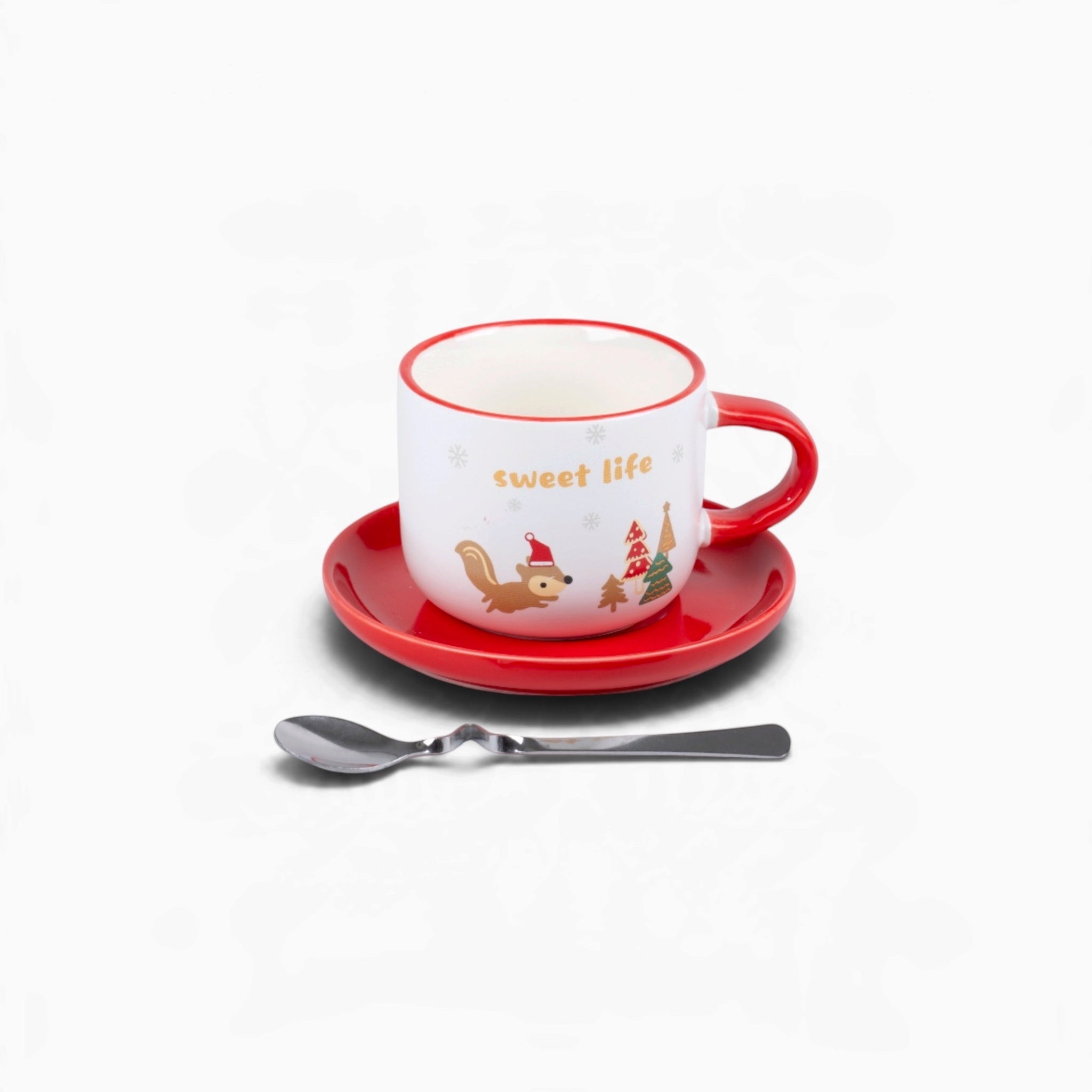 Christmas Cup & Saucer with Spoon - Red & White