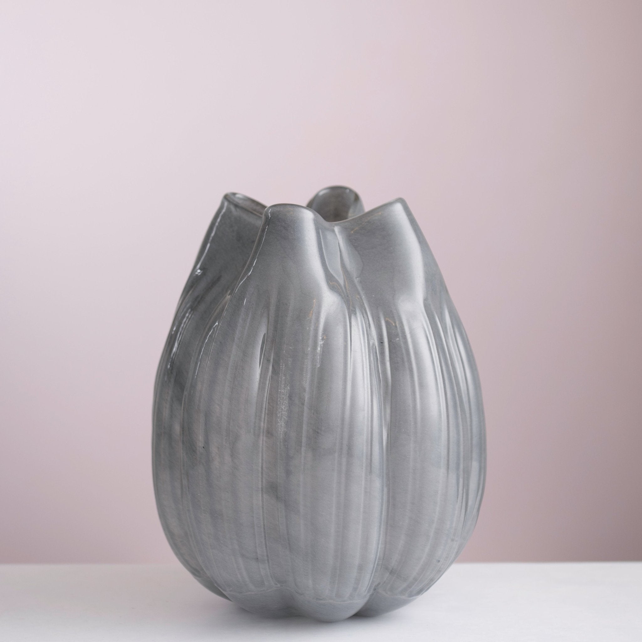 Italian Murano Glass Grey Flower Ruffle Rim Vase – 21×26 cm - Urban Home